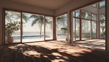 Fototapeta premium Scenic view of an empty contemporary room with large floor to ceiling glass windows overlooking a peaceful tropical ocean vista and natural wood flooring