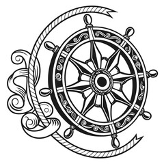Elegant vintage monochrome vector badge logo of a classic ship's wheel with compass rose and nautical rope design, perfect for maritime branding and adventure