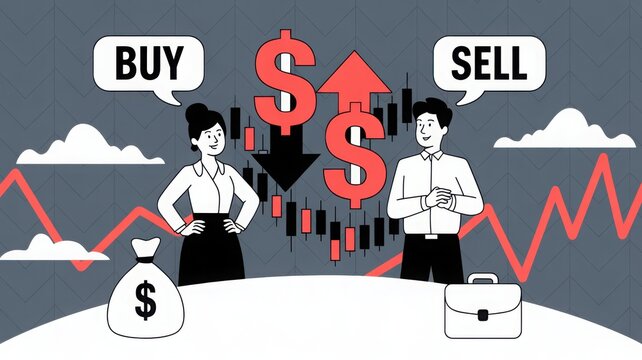 A conceptual illustration depicting buy and sell decision with a female and male characters. The image contains financial market elements