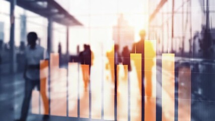 Blurred silhouettes of people walking through a modern airport terminal, with a transparent financial chart overlay, symbolizing global economy - Powered by Adobe