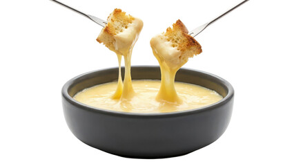 Delicious Warm Cheese Fondue in a Bowl with Toasted Bread Cubes Dipped on Forks isolated PNG with Transparent Background