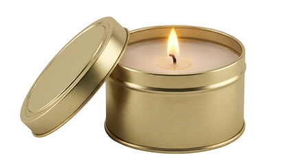 Lit Golden Metallic Candle Tin Product Shot with Open Lid isolated PNG with Transparent Background