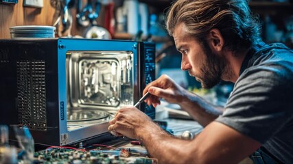 Skilled technician repairs microwave appliance, showcasing intricate details of electronic components, with a focus on precision and craftsmanship, camera pans smoothly - Powered by Adobe