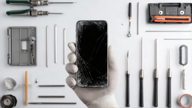 Technician holding a cracked smartphone in a gloved hand, surrounded by various repair tools, showcasing the repair process, camera zooms in for detail