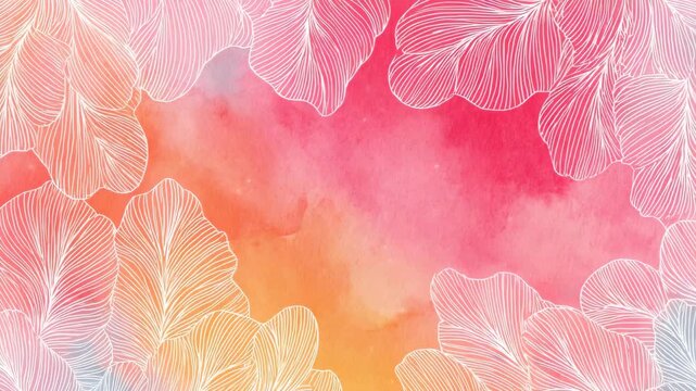 White line floral patterns border a soft pink to orange watercolor gradient background, creating a gentle and artistic botanical concept