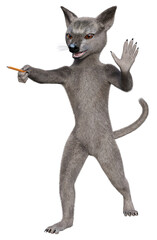 A gray anthropomorphic mouse waves his magic pencil wand pointing it forward. 3d rendering on transparent background, no AI used