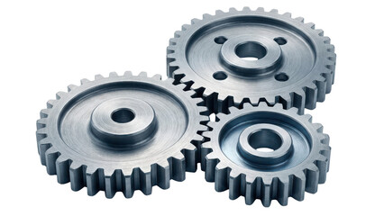 Three Interlocking Silver Metal Gears Product Shot isolated PNG with Transparent Background