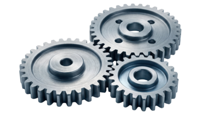 Three Interlocking Silver Metal Gears Product Shot isolated PNG with Transparent Background