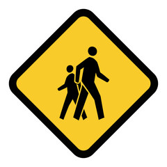 Yellow Diamond Pedestrian Crossing Warning Sign with Silhouette of Adult and Child Walking