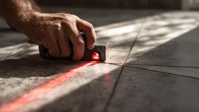 Skilled tradesman using laser level tool on tiled floor, demonstrating precision alignment with red laser line, camera follows hand movement closely