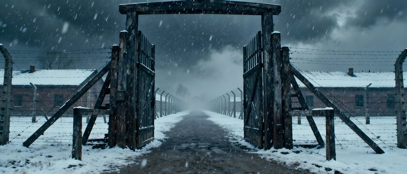 Holocaust Remembrance Day Background with Barbed Wire Camp Gate in Winter