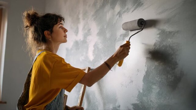 Young woman painting a wall with a roller, showcasing her focused technique and creative process, camera follows her movements with a smooth dolly motion