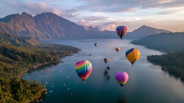 Multicolored hot air balloons floating above a calm lake with forested mountains in background at sunrise, concept of freedom and travel