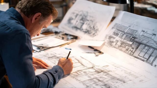 Architect sketches detailed building plans on large sheets of paper, showcasing intricate designs and materials, with a focus on craftsmanship and creativity in the workspace
