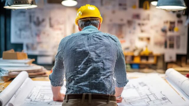 Construction professional in a yellow hard hat studies detailed blueprints on a workbench, surrounded by design materials, camera slowly zooms in on the plans