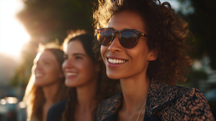 Faceless stylish multiethnic women friends enjoying sunlight outdoor moment social lifestyle activity contemporary leisure experience friendship gathering time defocused