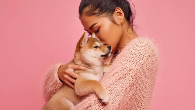 Joyful woman embracing lovable shiba inu puppy portrait. Connection, friendship, and pet care concept.