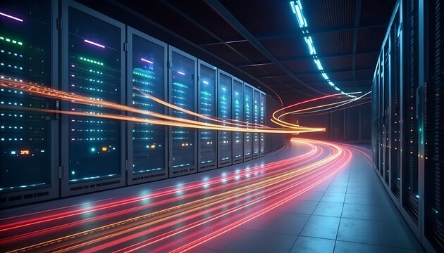 data center with glowing servers and colorful light trails - Powered by Adobe