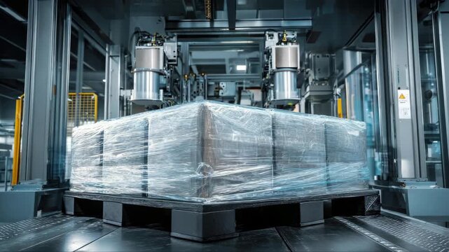 Industrial automation scene showcasing a palletized load being lifted by robotic arms, emphasizing precision and efficiency in a modern warehouse environment