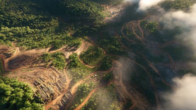 Aerial view of deforested landscape with winding paths and scattered logs, showcasing environmental impact, camera gradually zooms out revealing broader scene