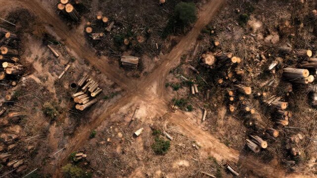Aerial view of deforested landscape with tree stumps and dirt paths, showcasing environmental impact, camera slowly zooms out to reveal broader scene