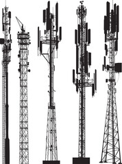 set of five antenna silhouettes on white background