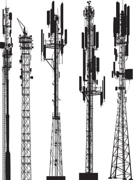 set of five antenna silhouettes on white background