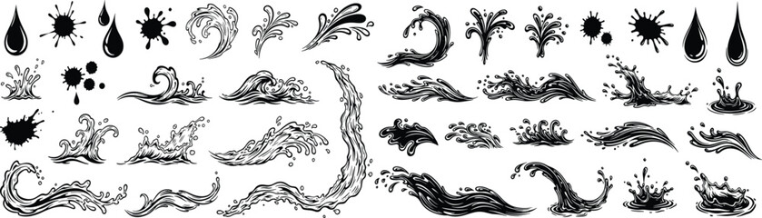 Set of various black water splash silhouettes and floral ornament elements featuring tribal nature patterns and vintage leaf shapes for vector tattoo design illustration. © AI Master