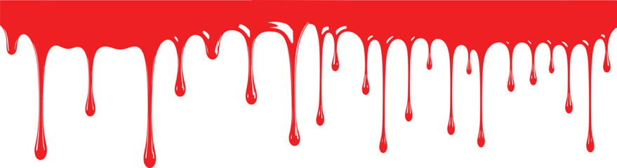 Vibrant red paint splashes and fluid ink drips create a bold vector art background with wet liquid splatters and dripping stains in a creative flowing design.