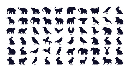 Set of black animal silhouettes isolated on white background depicting a diverse range of wildlife