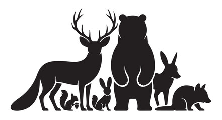 Set of wild animals including deer, bear, fox, rabbit, squirrel, and raccoon silhouettes