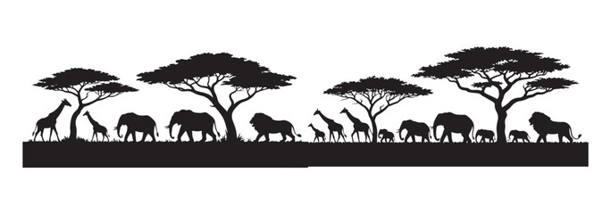 African savanna animals set with trees isolated on white background safari wildlife black silhouettes © MDIKRAM