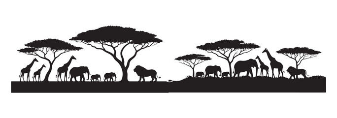African animals silhouettes with savanna trees set isolated on white background safari wildlife scene © MDIKRAM