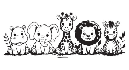 Fototapeta premium Cute safari baby animals black white line art set adorable jungle creatures illustration