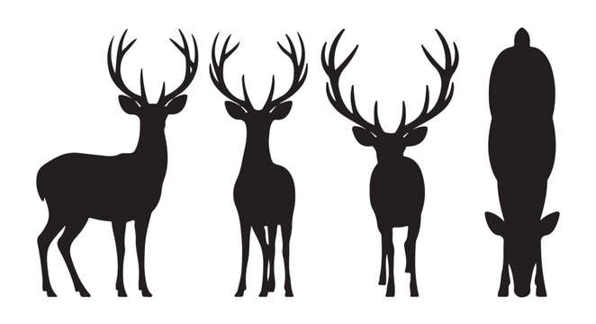 Set of deer silhouettes with antlers from various angles vector illustration white background