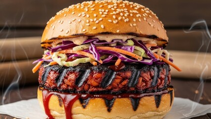 Gourmet burger with grilled patty and fresh toppings