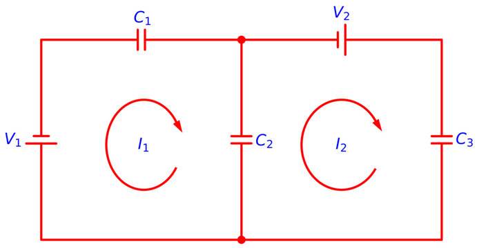 Editable Two Loop Capacitor Circuit with Dual Voltage Sources V1 and V2, Mesh Current Analysis I1 I2, C1 C2 C3 Network Theory Schematic Diagram for Electrical Engineering Education