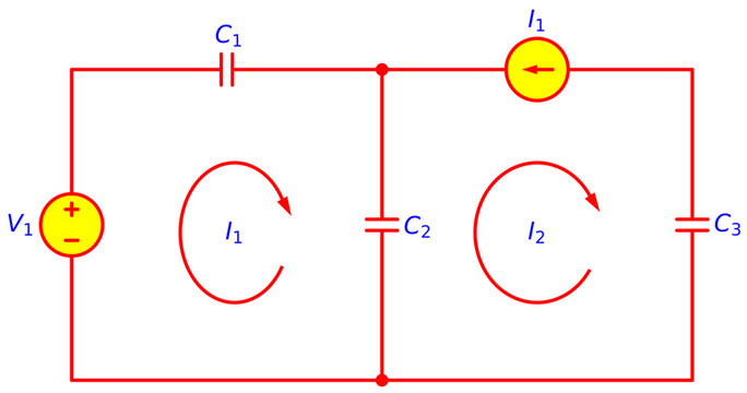 Two Loop Capacitor Circuit with Voltage Source V1 and Current Source I1, Mesh Current Analysis I1 I2, C1 C2 C3 Network Theory Schematic Diagram for Electrical Engineering Education