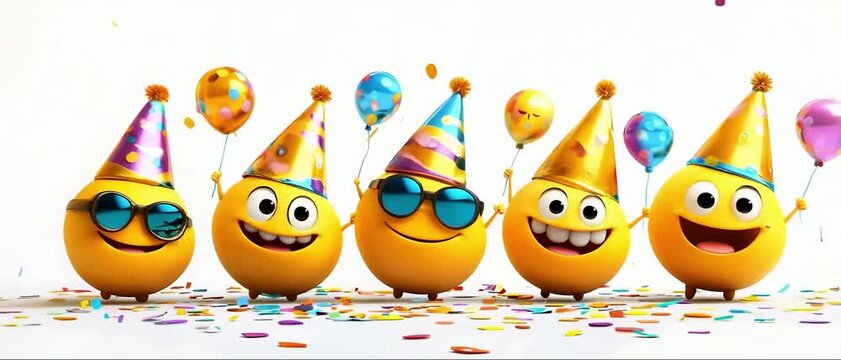 Five cheerful yellow emoji characters wearing festive party hats and sunglasses celebrate with colorful balloons and confetti