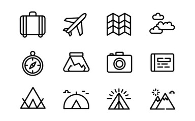 Minimal black line travel and adventure icon set with suitcase airplane map and outdoor landscape symbols