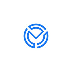 Modern geometric OM or MO monogram logo in a circular blue line style. Professional initial lettermark for tech, security, or corporate identity. Minimalist vector icon on white background