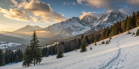 Winter mountain landscape with snowy slopes pine forest and dramatic peaks at sunset.