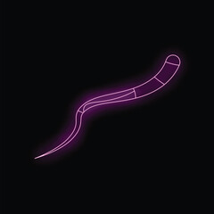 Neon sign showing a cartoon worm glowing purple against a black background