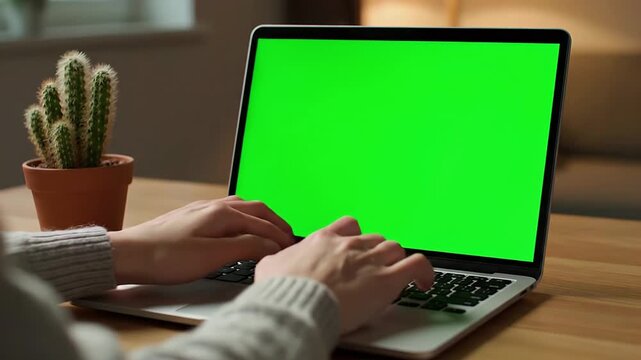 Person typing on a laptop with a green screen, perfect for custom content display.
