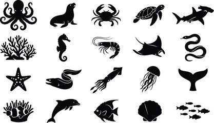 Collection of marine animals and fish silhouettes such as octopus and shark © Sorifa