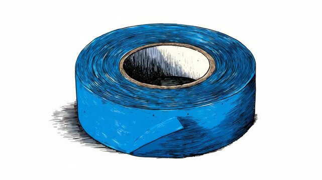 Blue adhesive tape roll illustrated in hand-drawn sketch style on a white background, concept of office supplies and repair tools