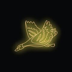 Yellow neon light depicting a goose flying with open wings on a black background