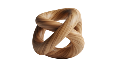 Abstract wooden sculpture, an infinity knot shape, isolated on a white background, showcasing intricate natural grain patterns