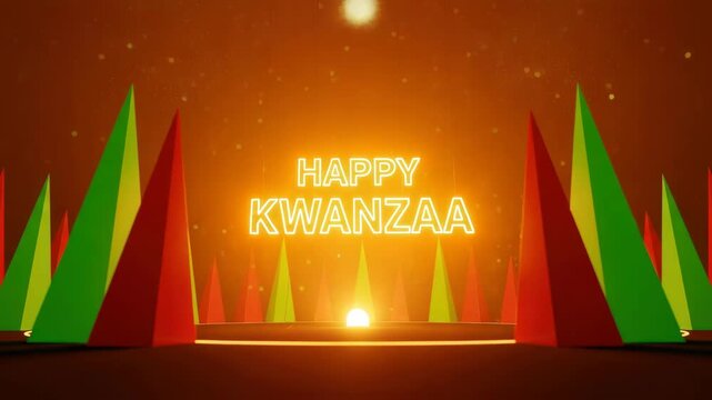 Vibrant digital illustration celebrating kwanzaa with colorful triangular shapes and glowing text
