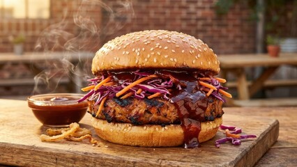 Gourmet burger with coleslaw and bbq sauce